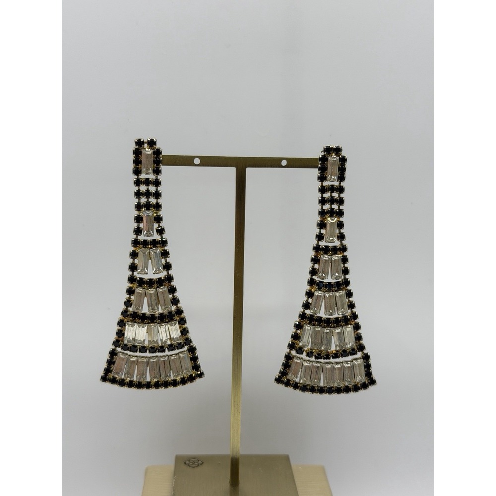 Vintage Crystal Harlow Tapered Fan Shaped Dangle Earrings Pierced Gold Black 3"